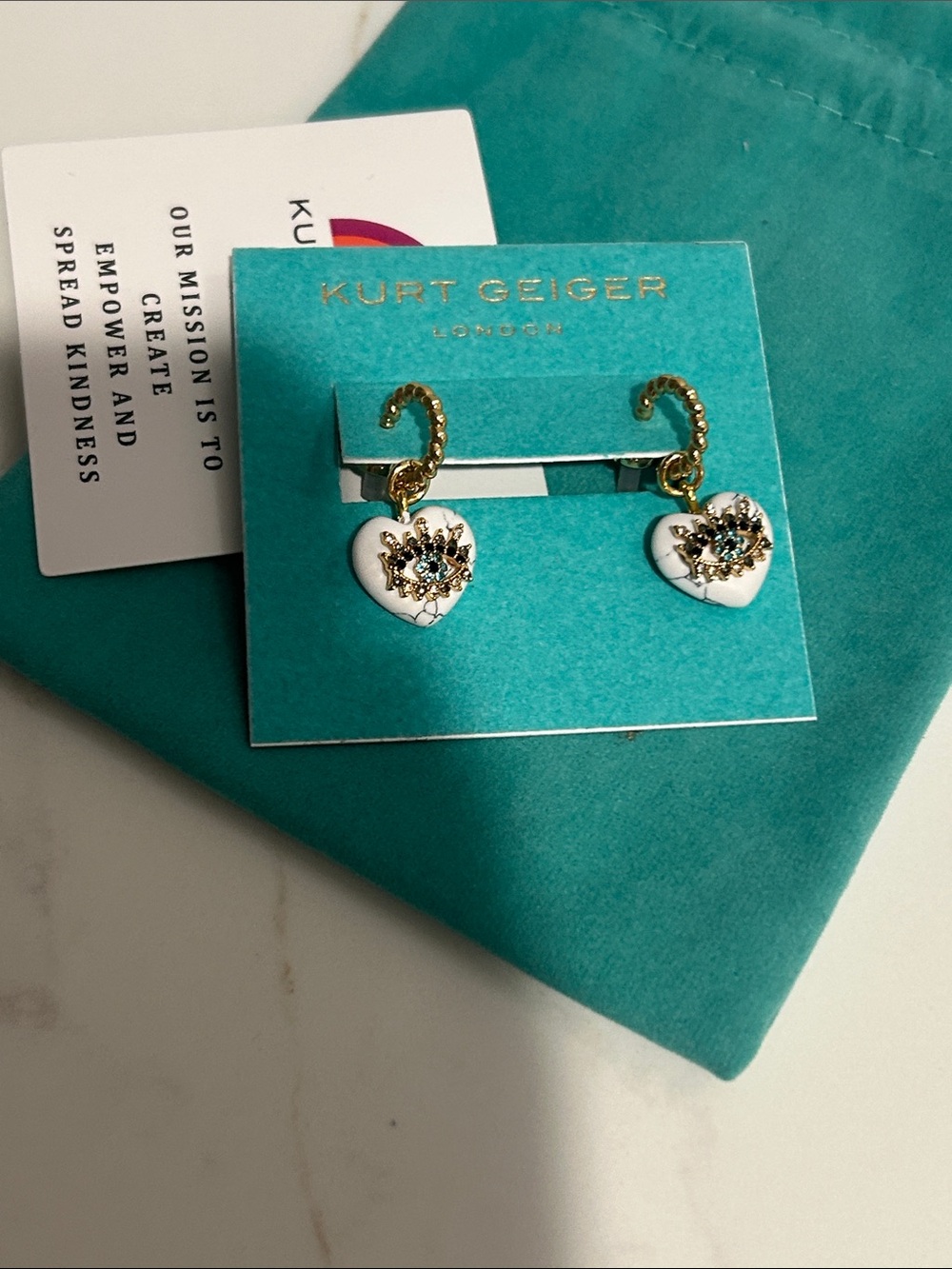 Kurt Geiger London Evil Eye, twisted hoop&marbled white heart drop earrings NWT